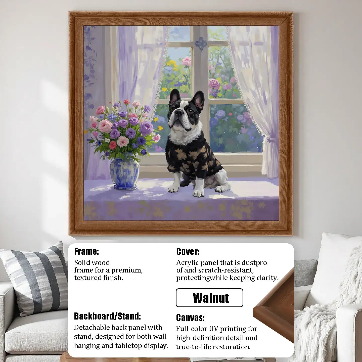 Custom French Bulldog pet portrait, personalized dog painting, framed walnut wall art gift for pet lovers.