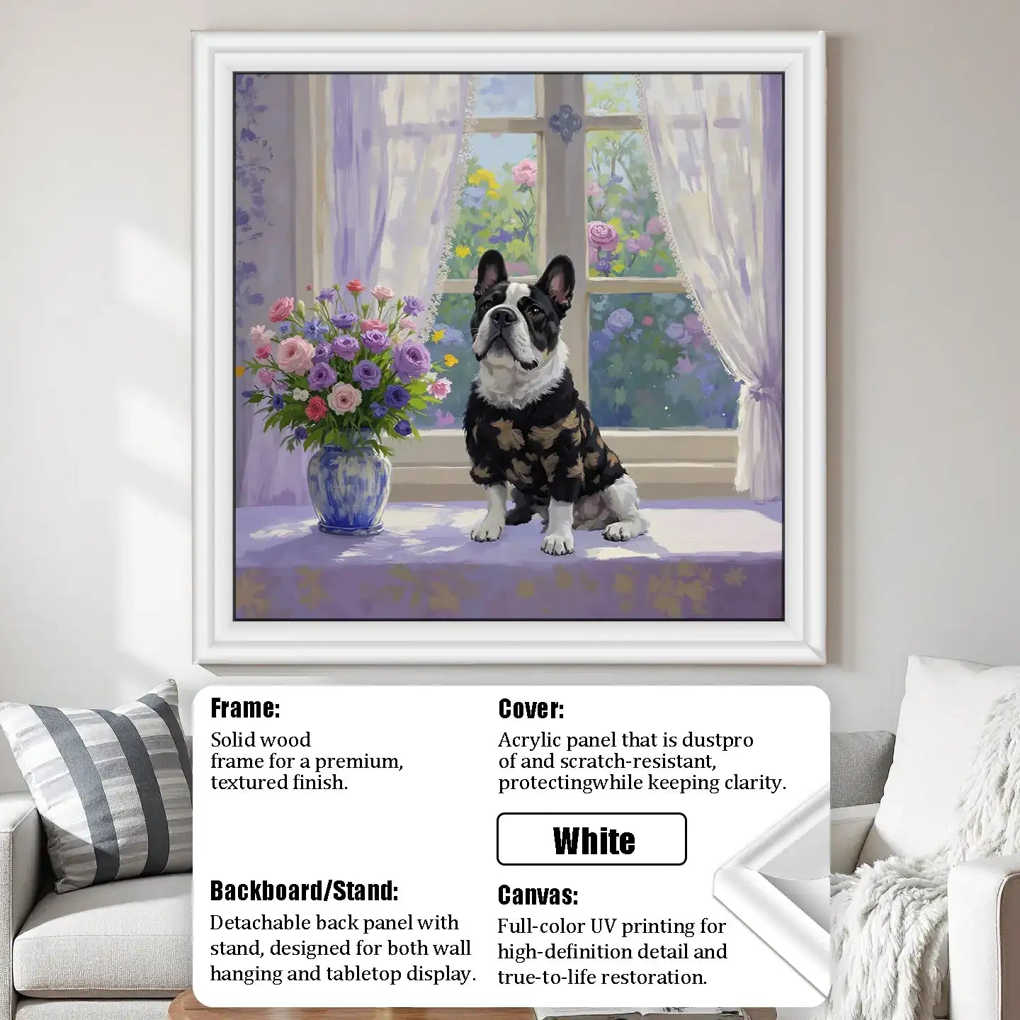 Personalized French Bulldog portrait painting, custom dog wall art gift with flowers, white frame
