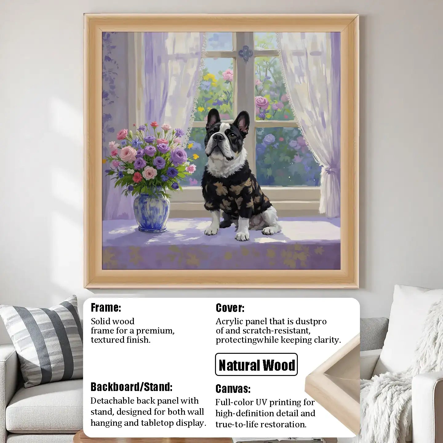 Custom French Bulldog painting, natural wood frame. Personalized dog art print for pet wall art gifts.