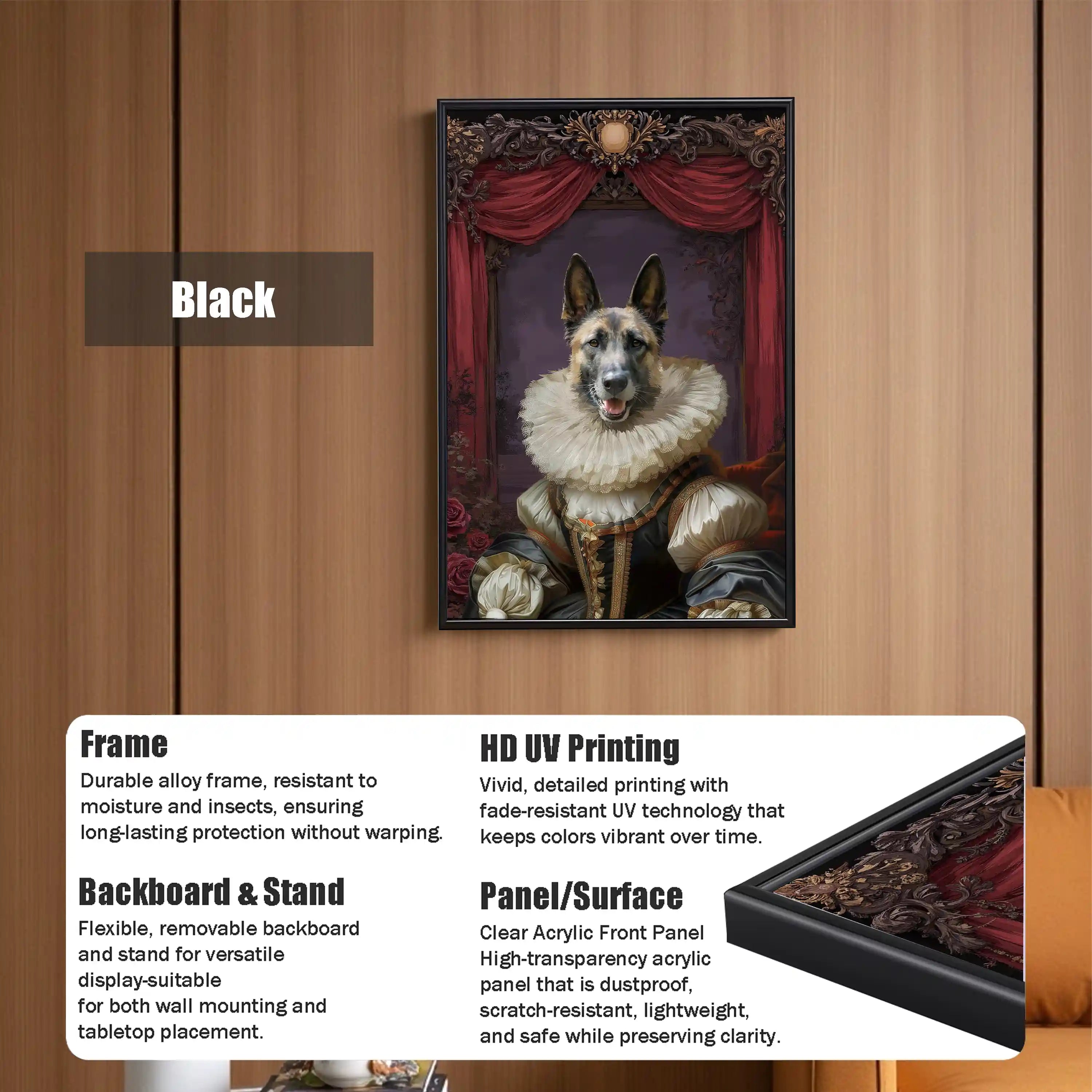 Royal German Shepherd Renaissance dog portrait in an ornate black frame, highlighting HD UV printing and clear acrylic panel.