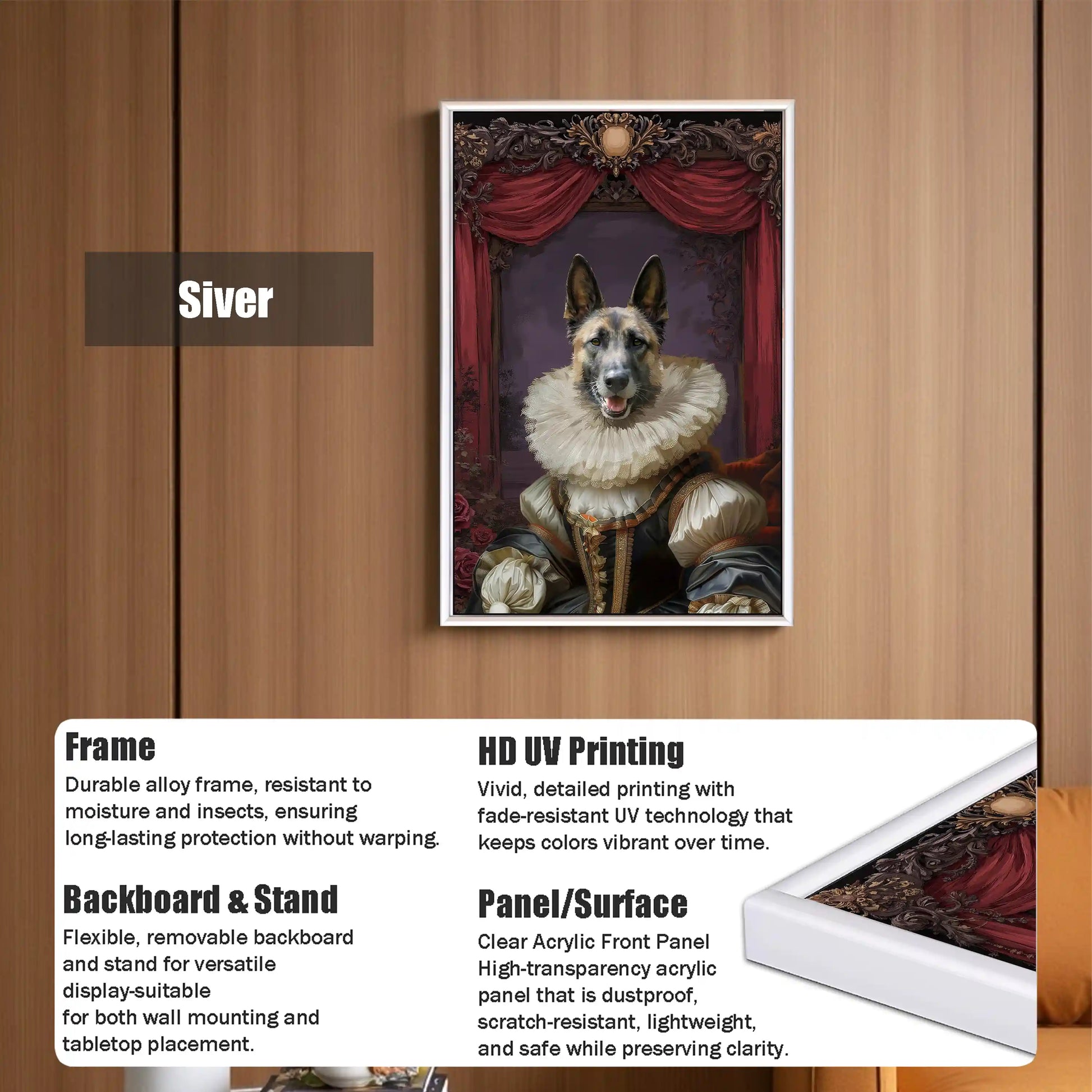 White framed custom royal German Shepherd dog portrait wall art, featuring the dog in a historical noble costume with a ruffled collar.