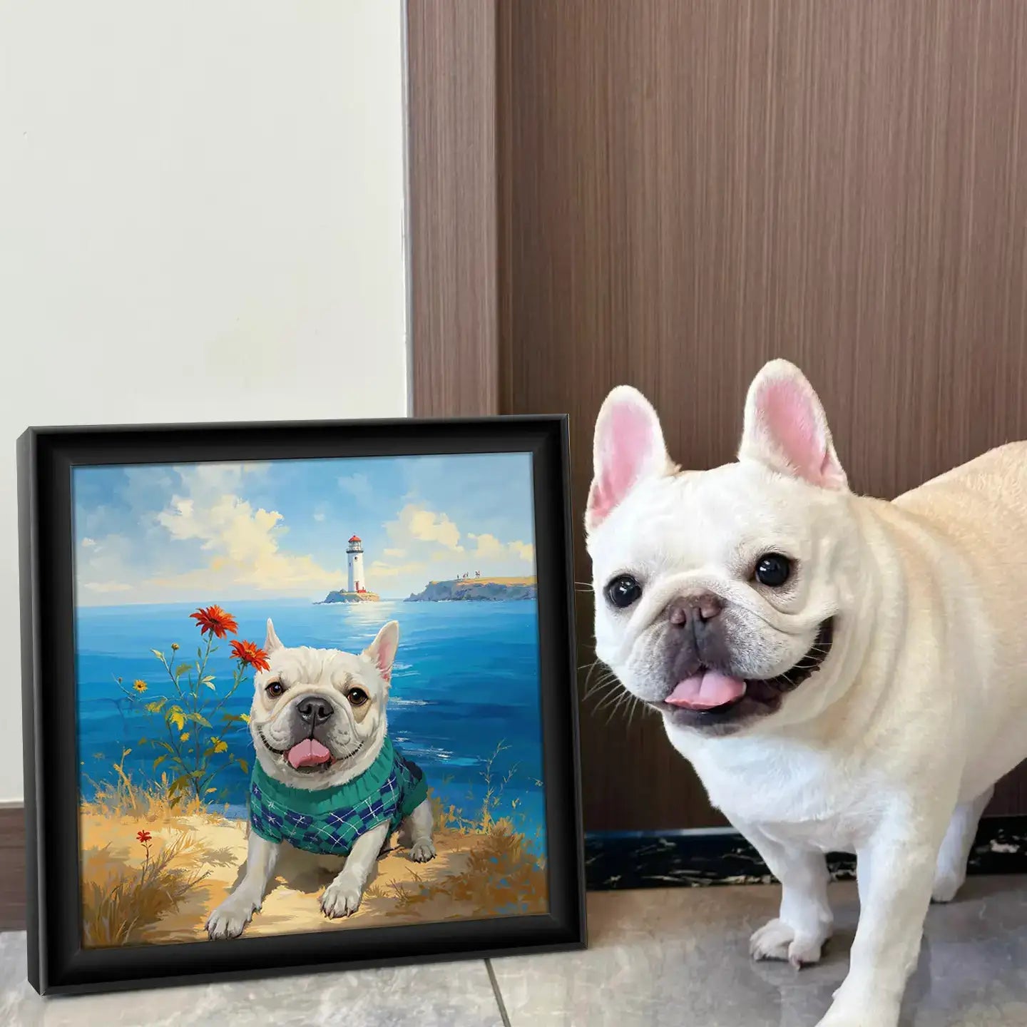 Custom French Bulldog pet portrait painting next to the real dog. Personalized dog wall art gift idea.