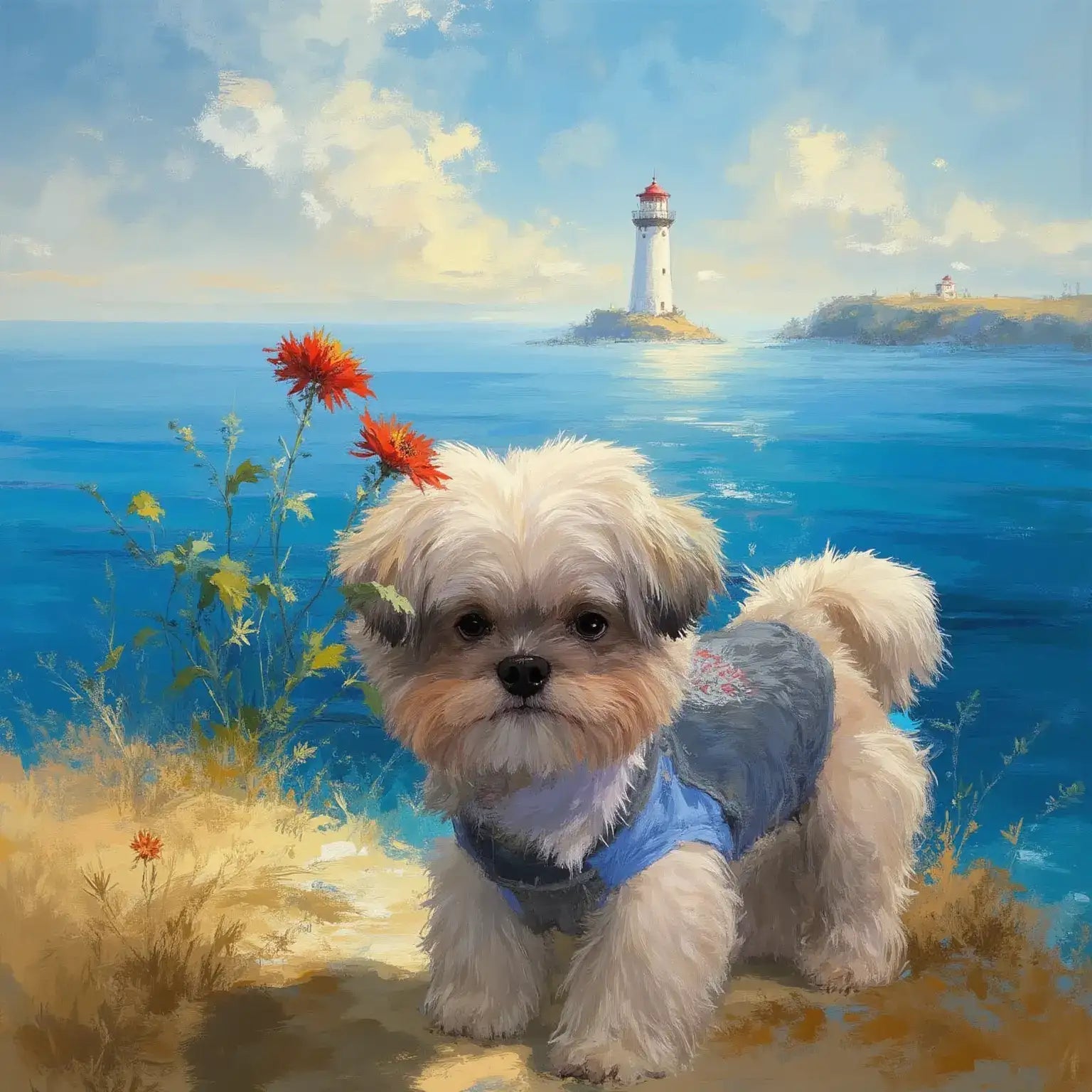 Custom pet portrait: fluffy dog in a blue vest by a lighthouse. Personalized dog painting, pet wall art gift idea.