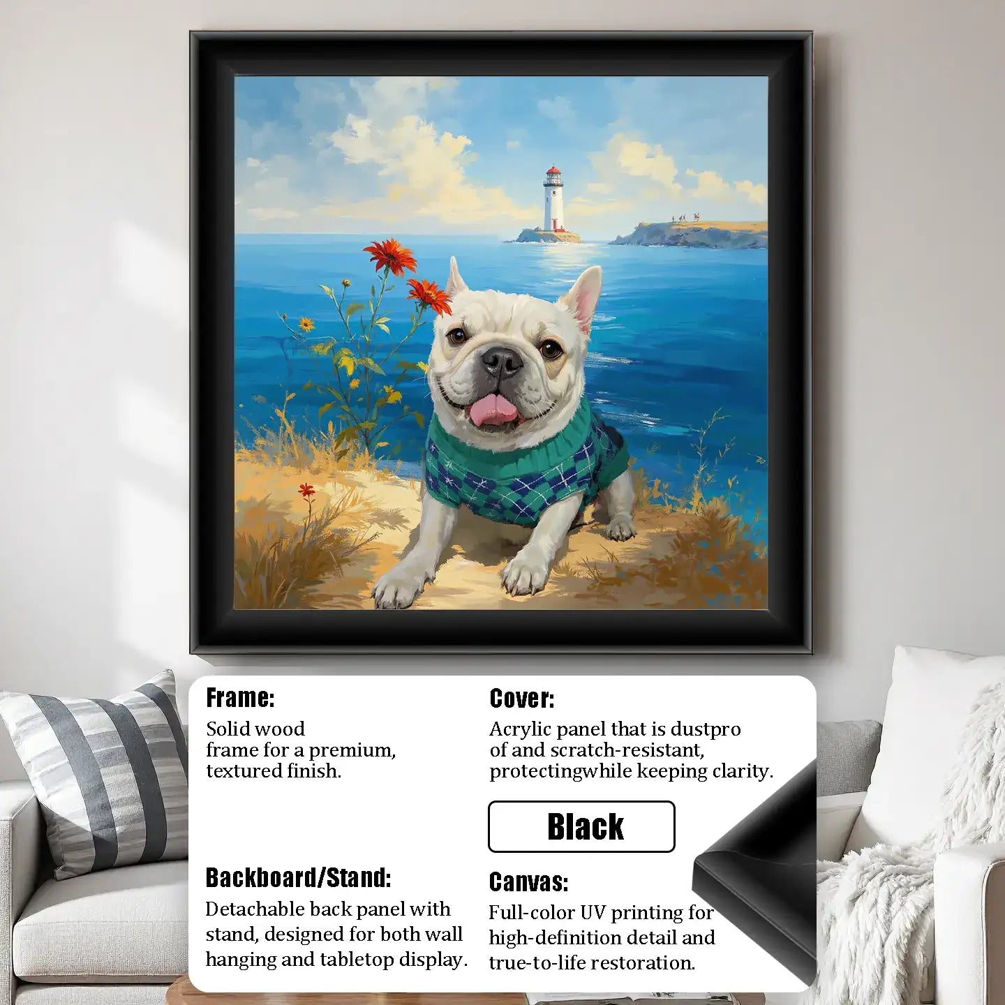 Personalized French Bulldog portrait painting, custom dog wall art gift with lighthouse.