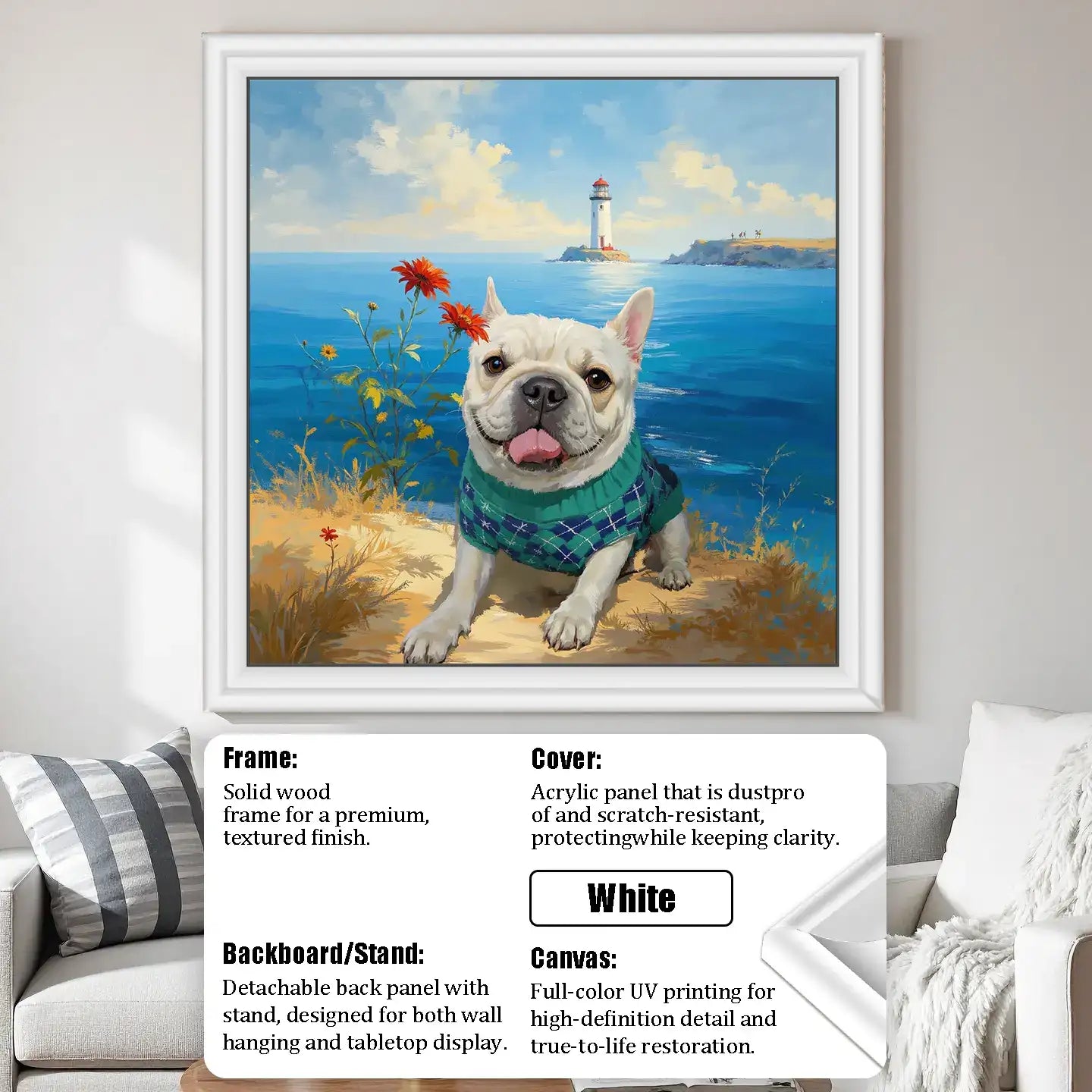 Framed French Bulldog painting with lighthouse, custom pet portrait, personalized dog wall art gift.
