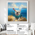 Framed French Bulldog painting with lighthouse, custom pet portrait, personalized dog wall art gift.