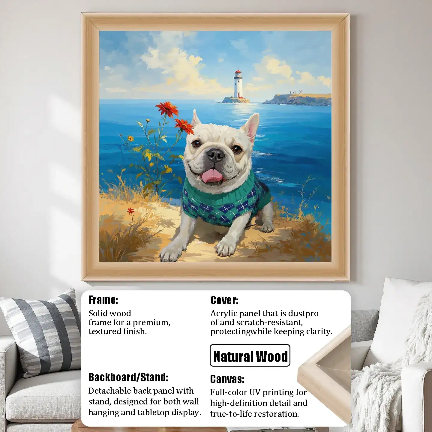 Custom French Bulldog pet portrait canvas, personalized dog painting wall art gift, natural wood frame.