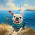 Custom pet portrait of French Bulldog, personalized dog painting, coastal lighthouse pet wall art gift.