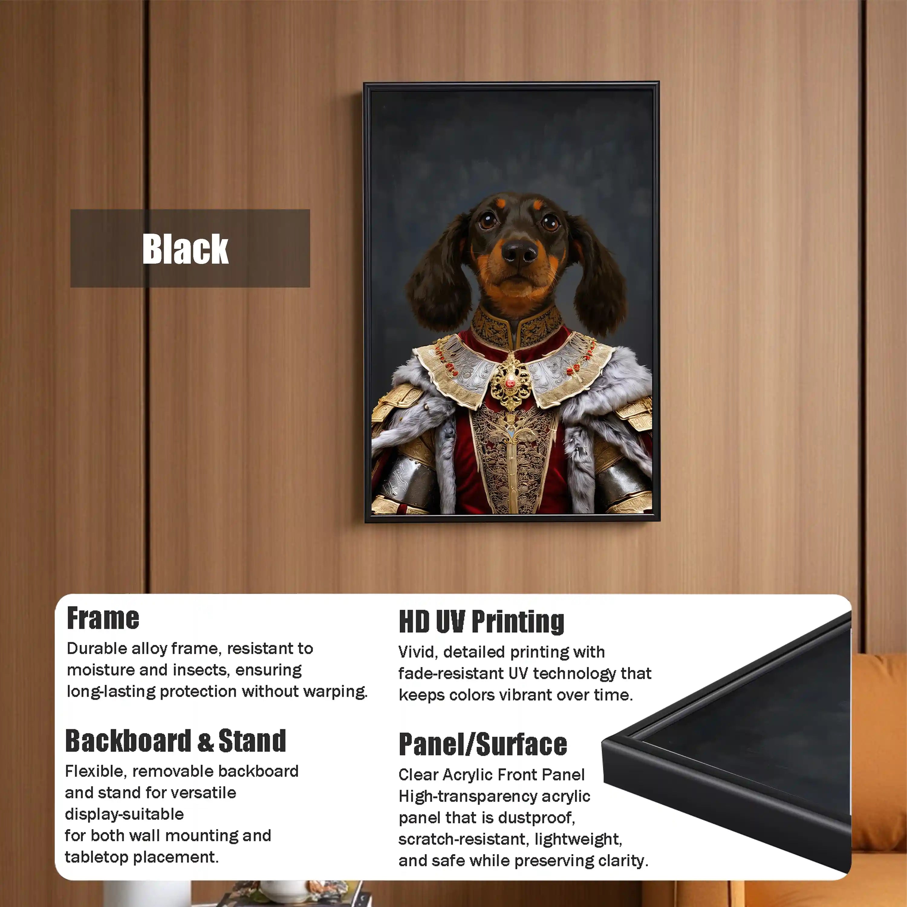 Black framed regal dachshund dog portrait with HD UV printing and high-transparency acrylic panel, suitable for wall or tabletop display.
