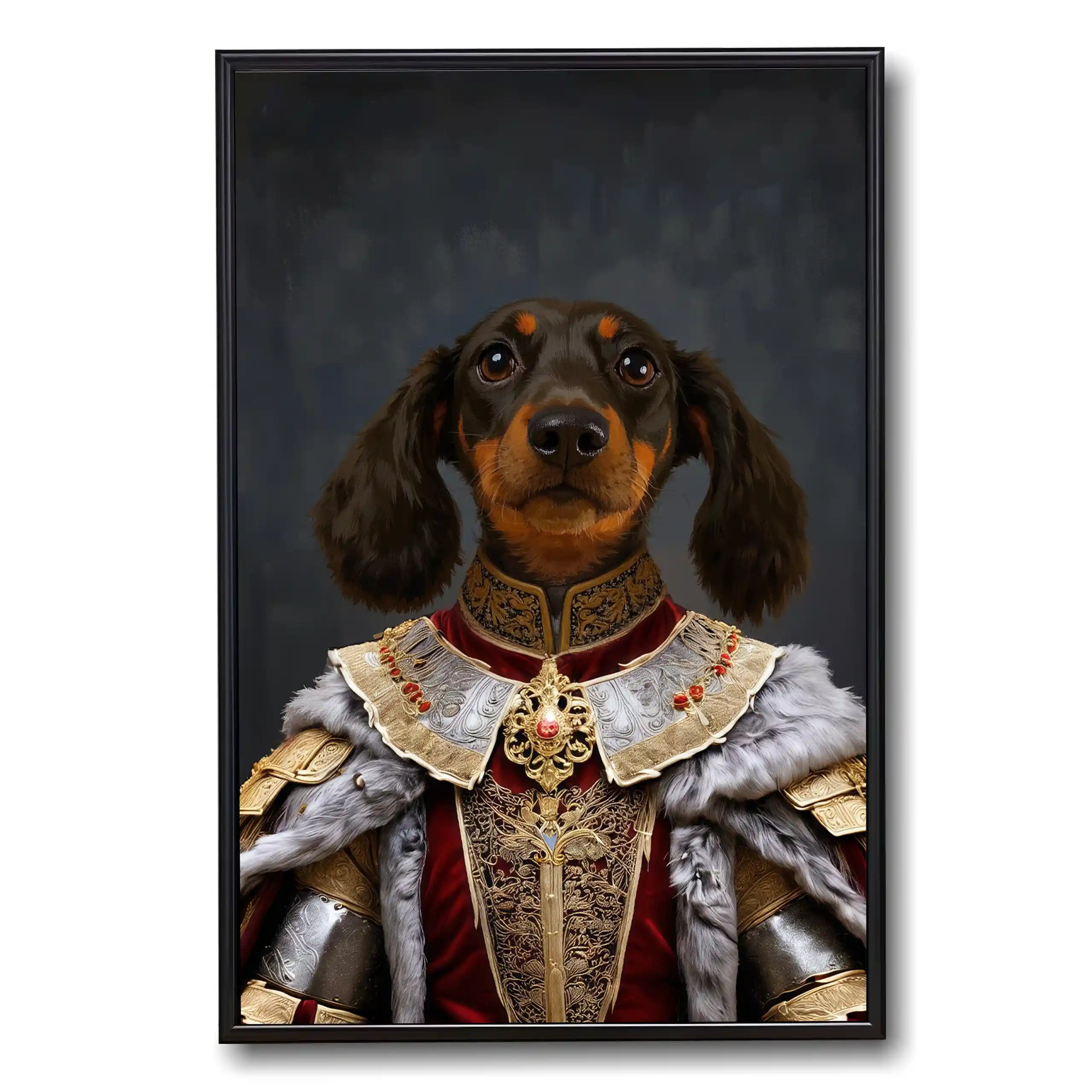 Dachshund dog royal portrait in ornate red velvet and gold embroidered costume with fur trim, black frame.