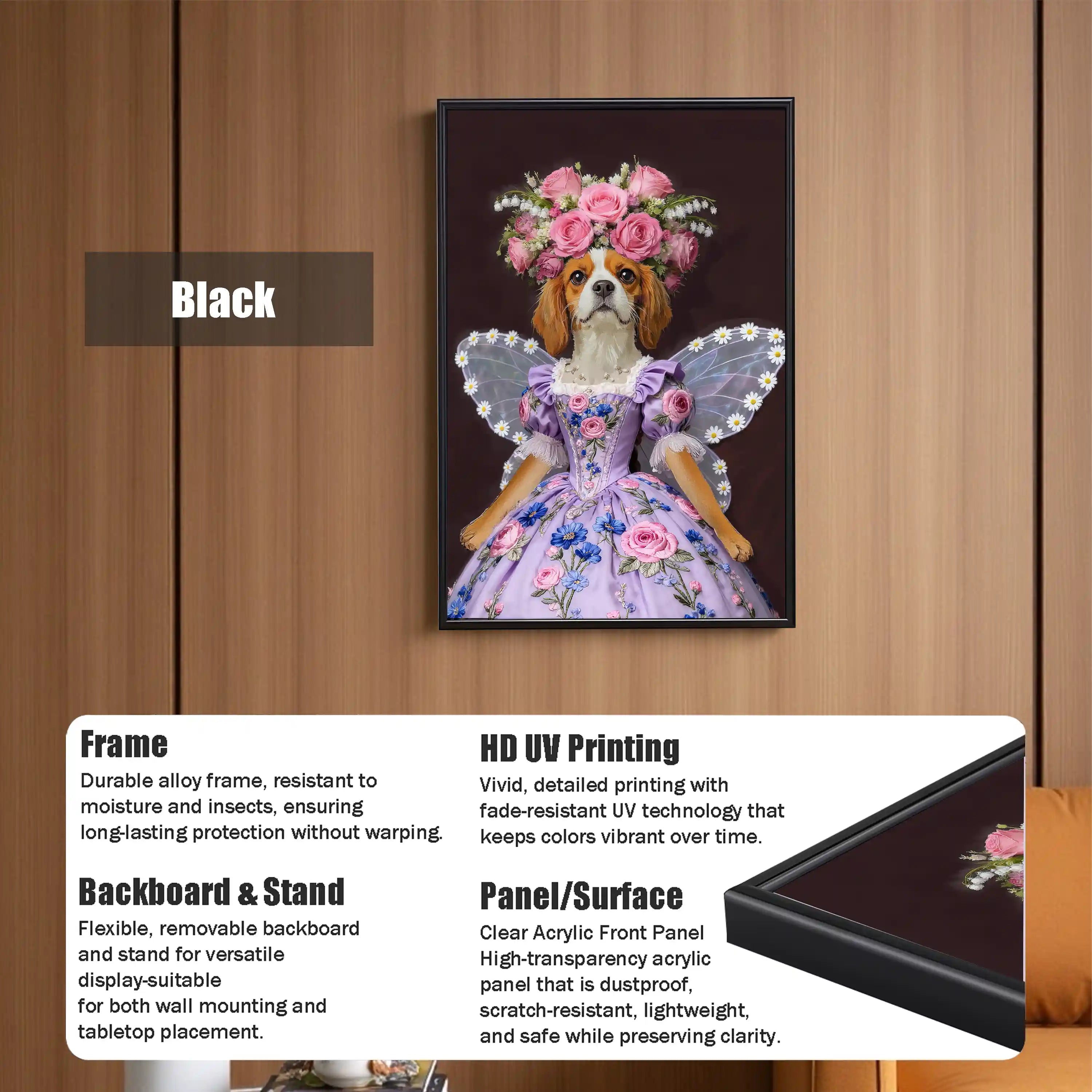 Cute Cavalier King Charles Spaniel dog fairy princess funny pet portrait wall art with pink rose floral dress, fairy wings, and black frame.