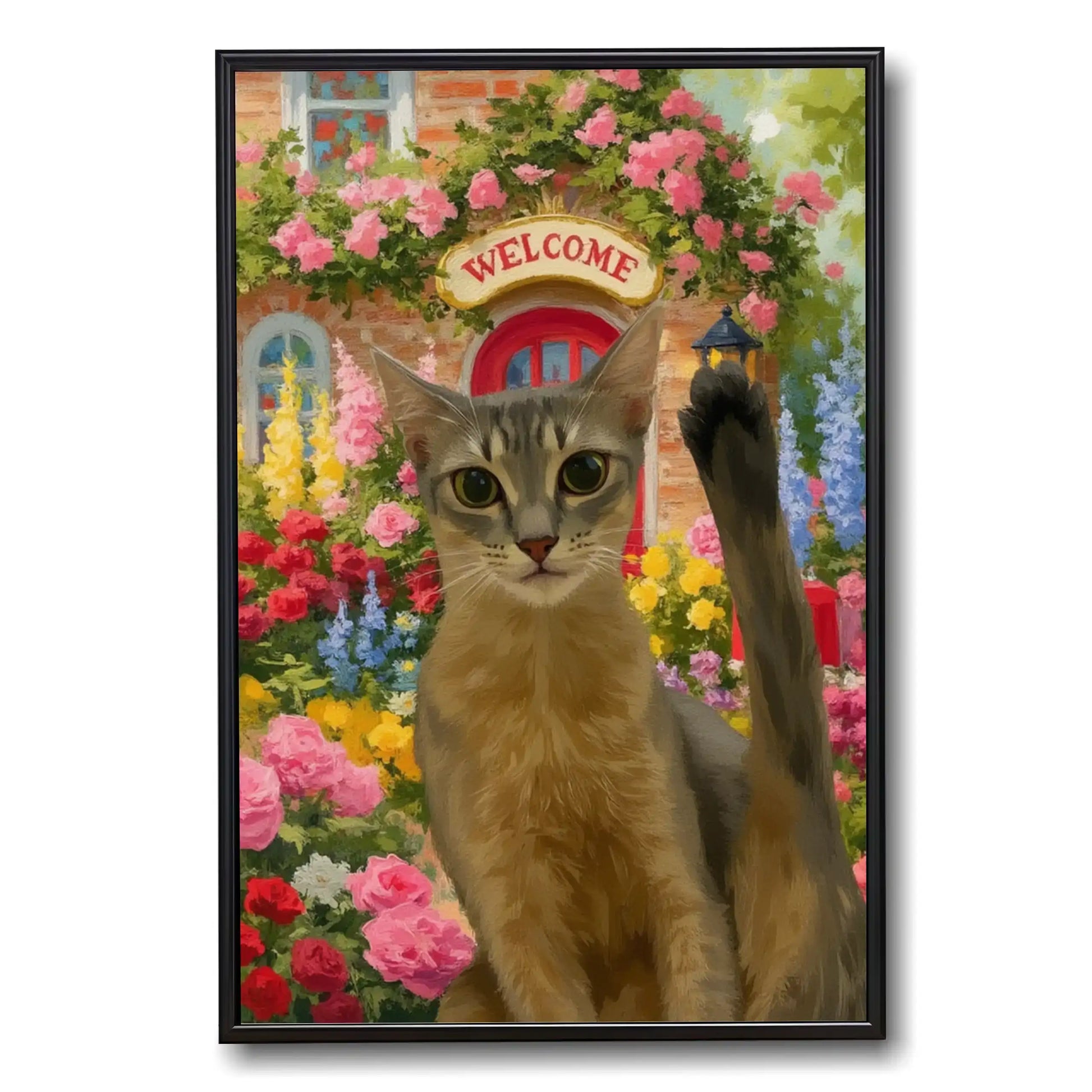 Custom pet portrait: personalized cat painting, a whimsical tabby in a floral garden. Perfect pet wall art gift.