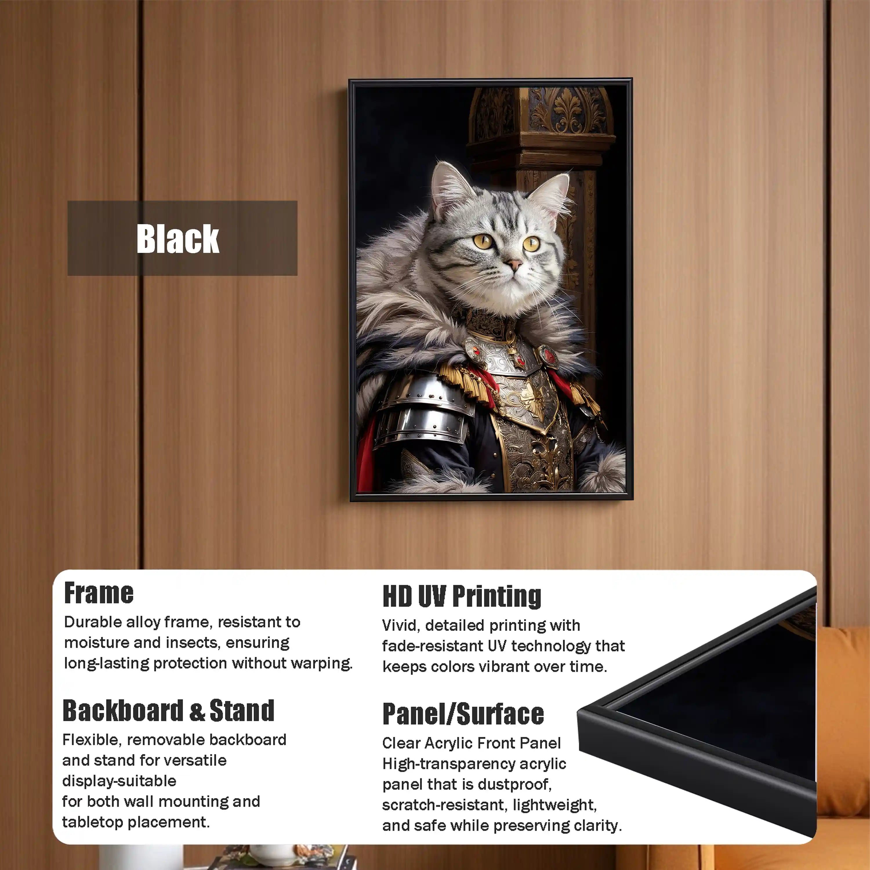 Black framed king size cat painting of a cat in armor, featuring HD UV printing, a clear acrylic front panel, and a versatile backboard stand for wall mounting or tabletop display.