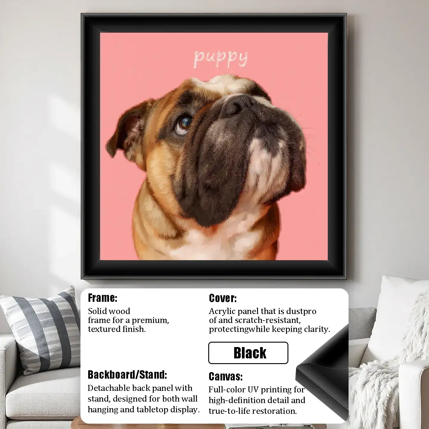 Framed bulldog puppy art print, personalized pet wall art gift, custom dog portrait for dog lovers.