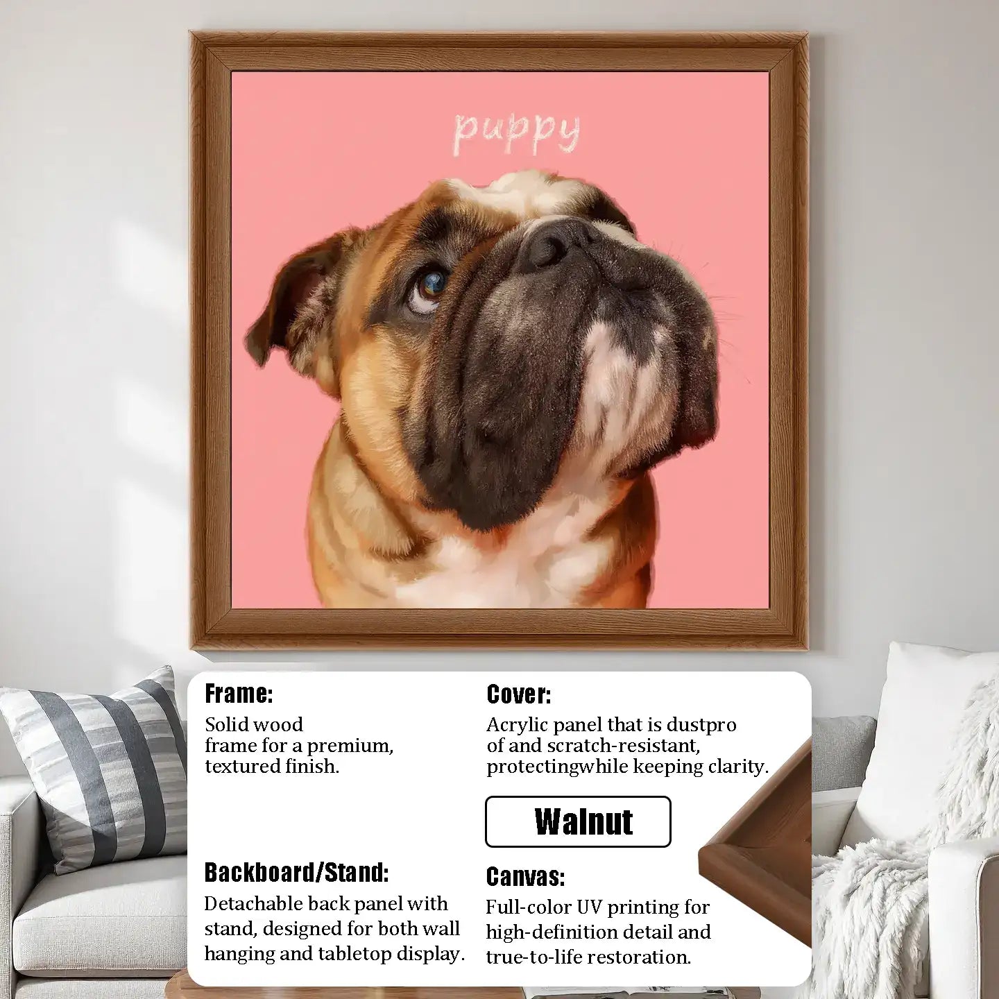 Walnut framed custom bulldog puppy personalized pet portrait wall art, dog lover gift, unique pet painting.