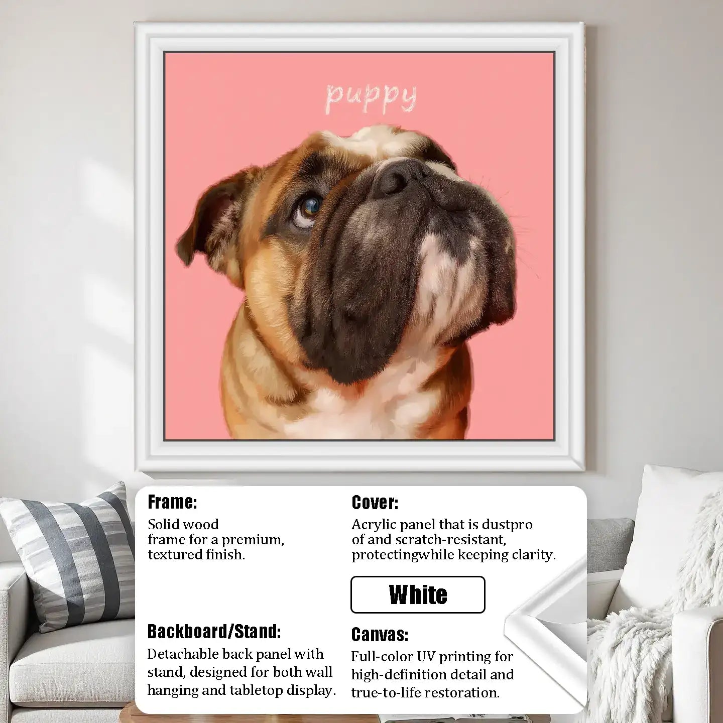 Custom bulldog puppy portrait, personalized dog painting, framed pet wall art gift.