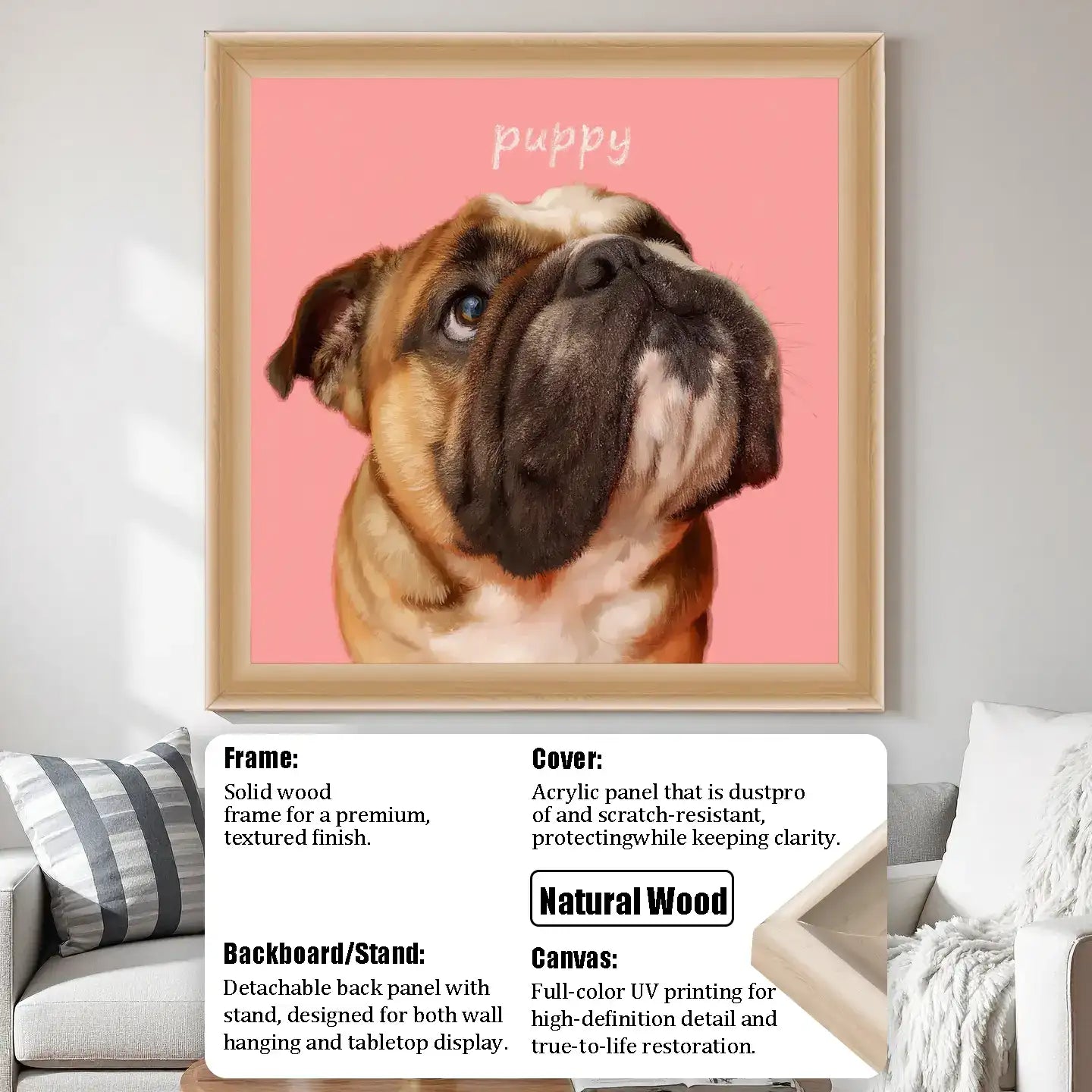 Personalized bulldog puppy custom pet portrait painting from photo. Dog wall art gift, natural wood frame.