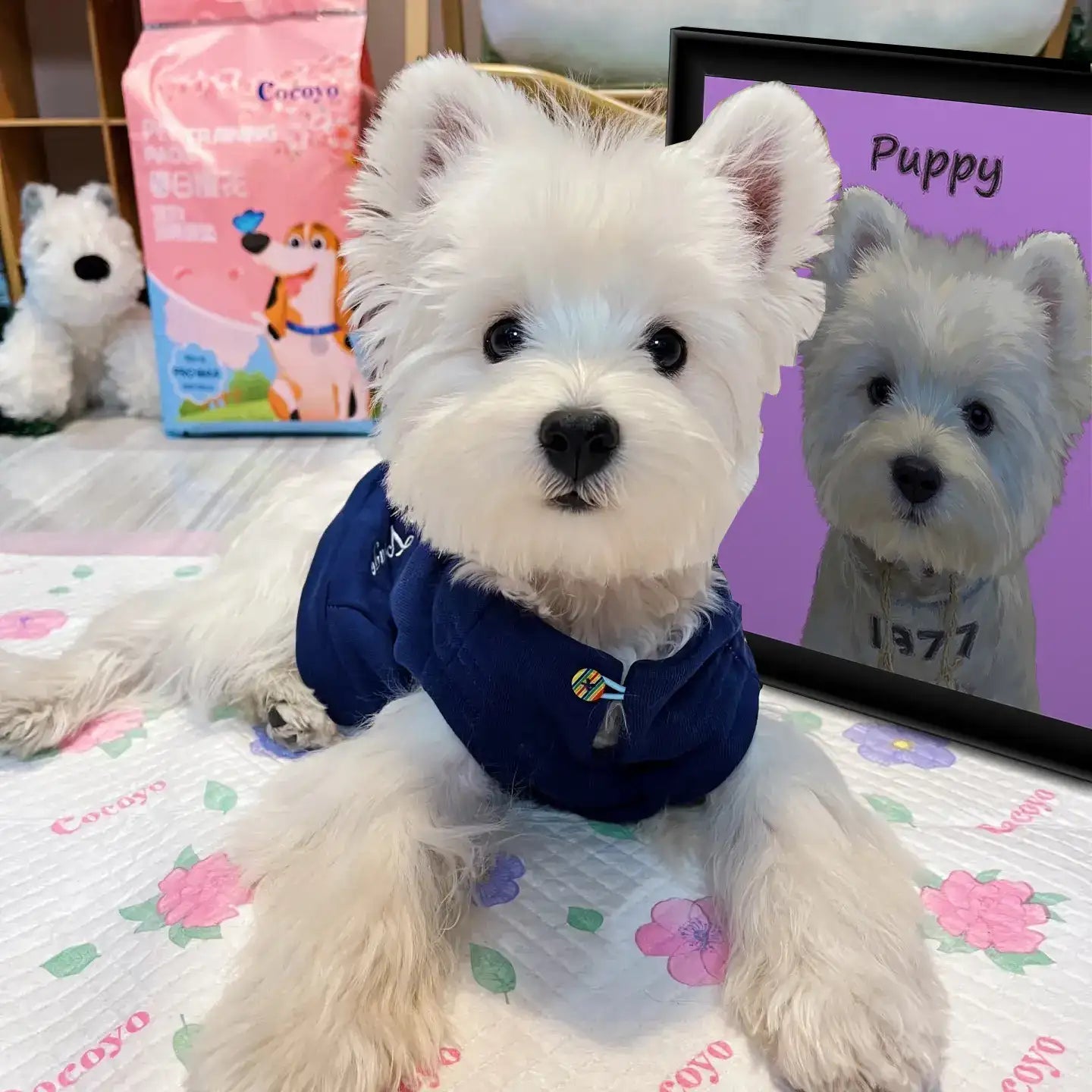 White dog with custom pet portrait. Personalized dog painting from photo, an ideal pet wall art gift.