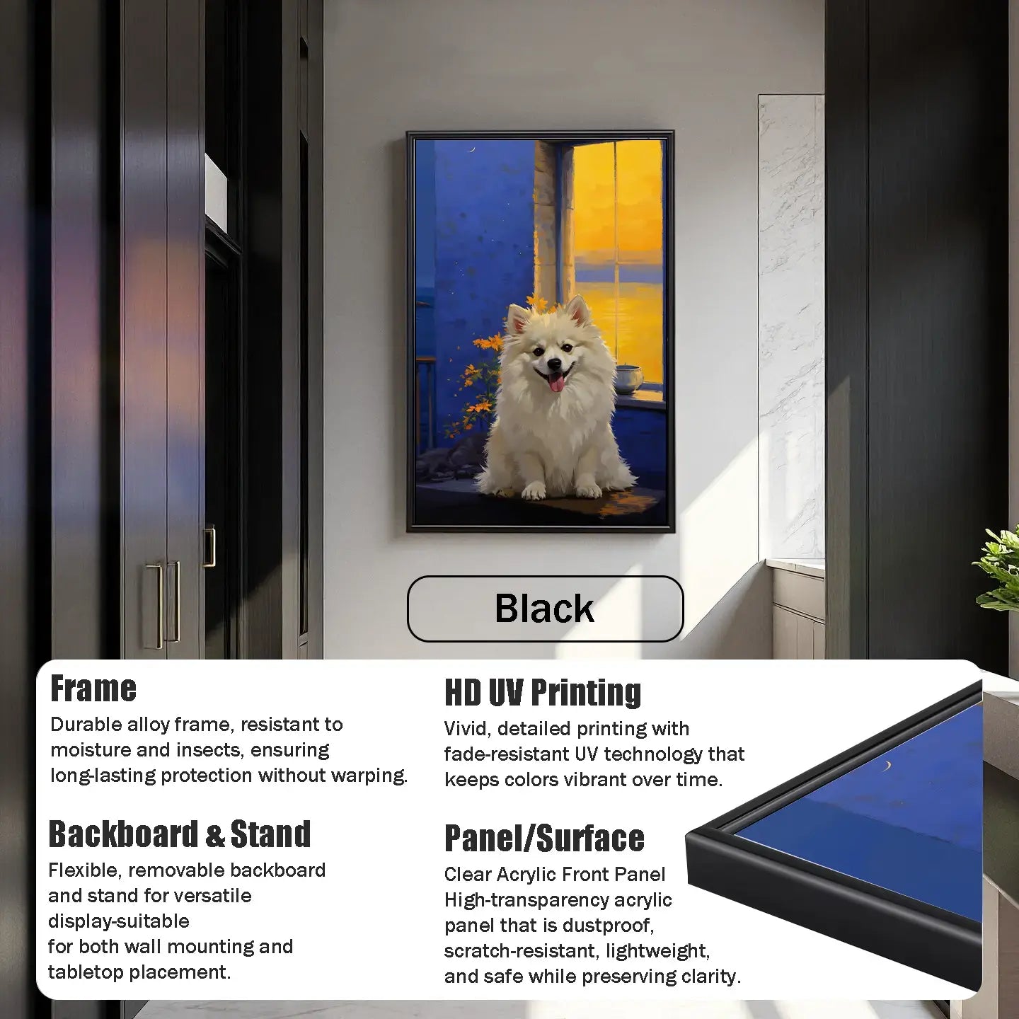 Framed custom pet portrait: personalized dog painting, perfect pet wall art gift featuring a white fluffy dog.