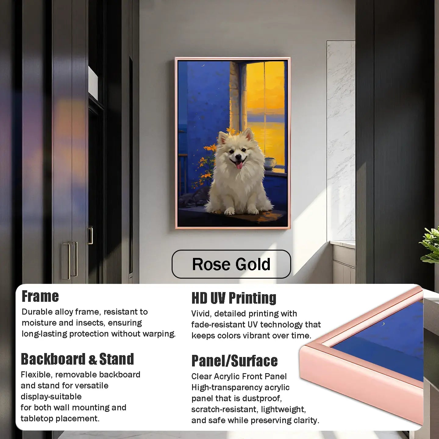 Custom pet portrait, rose gold framed dog painting. Personalized pet wall art gift for dog lovers.