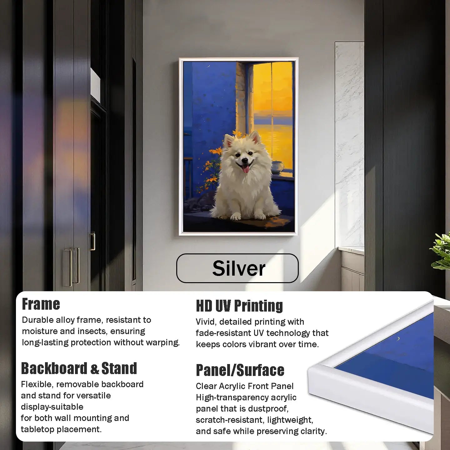Custom pet portrait: personalized fluffy dog painting wall art, a unique framed pet gift with a silver frame.